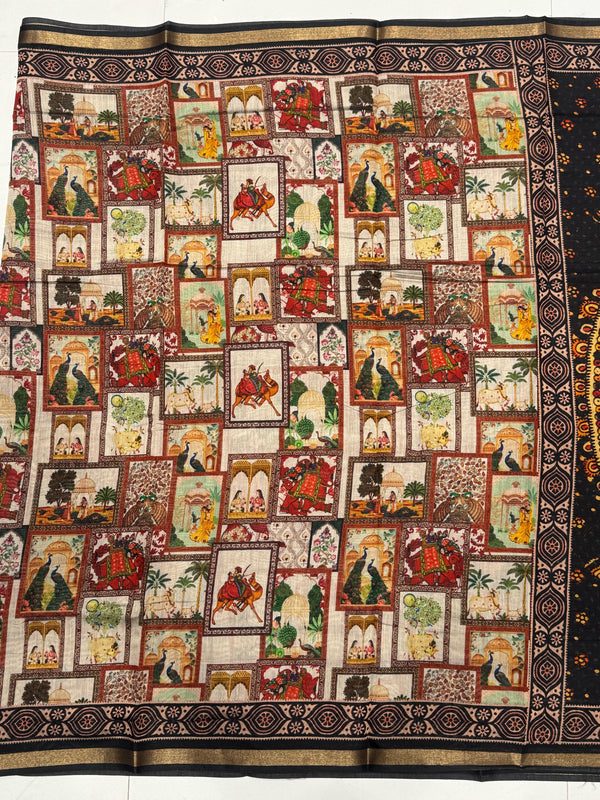 Ajrakh With Kalamkari Design Hand Block Print Maslin Soft Silk Saree M3
