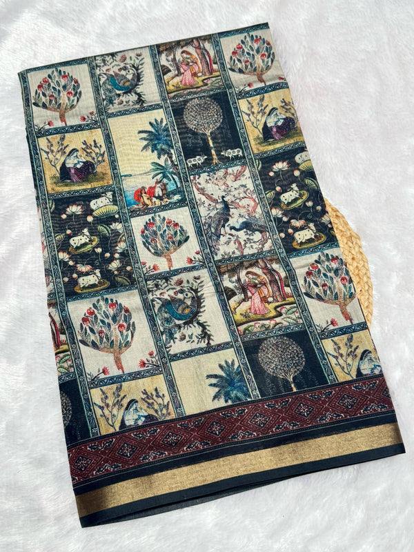 Ajrakh With Kalamkari Design Hand Block Print Maslin Soft Silk Saree M6