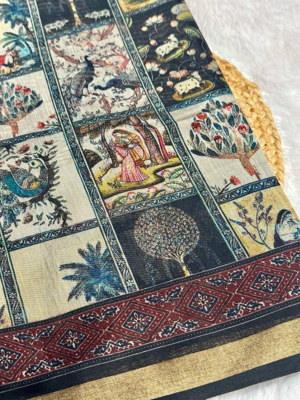 Ajrakh With Kalamkari Design Hand Block Print Maslin Soft Silk Saree M6