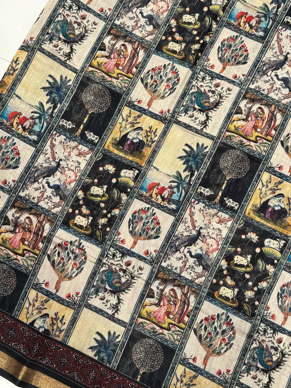 Ajrakh With Kalamkari Design Hand Block Print Maslin Soft Silk Saree M6