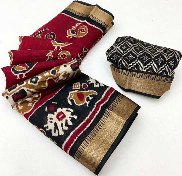 Anemones Maroon Woven Mul Cotton Saree With Blouse