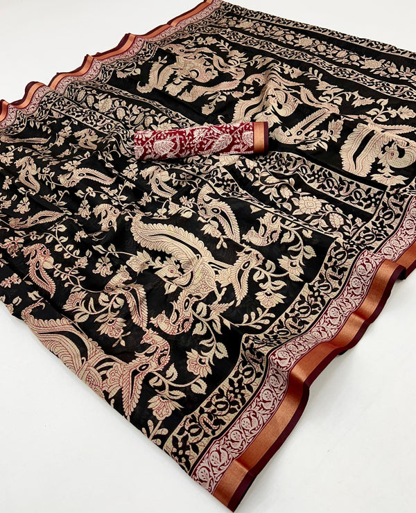 Almost Black Mul Mul cotten Soft Silk saree With Evocative Blouse Piece