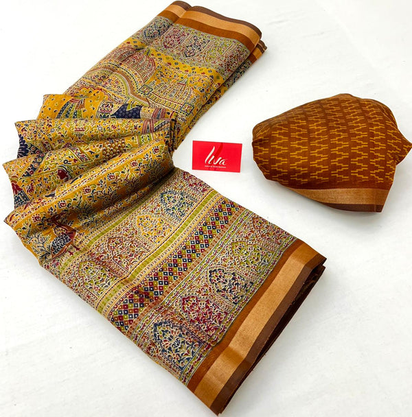 Bee Yellow With Border Ajrakh Kalamkari Pure Maslin Silk Saree