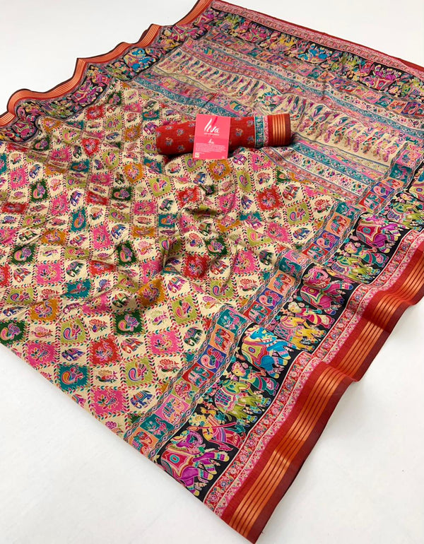 Ajrakh Kalamkari Pure Maslin Silk Saree With Evocative Blouse Piece