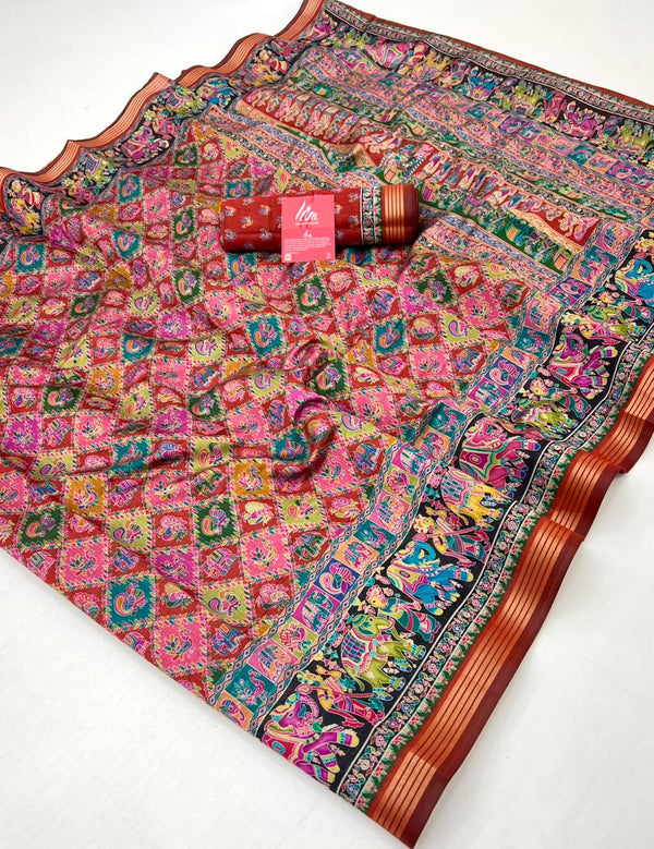 Ajrakh Kalamkari Pure Maslin Silk Saree With Evocative Blouse Piece
