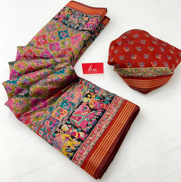 Ajrakh Kalamkari Pure Maslin Silk Saree With Evocative Blouse Piece