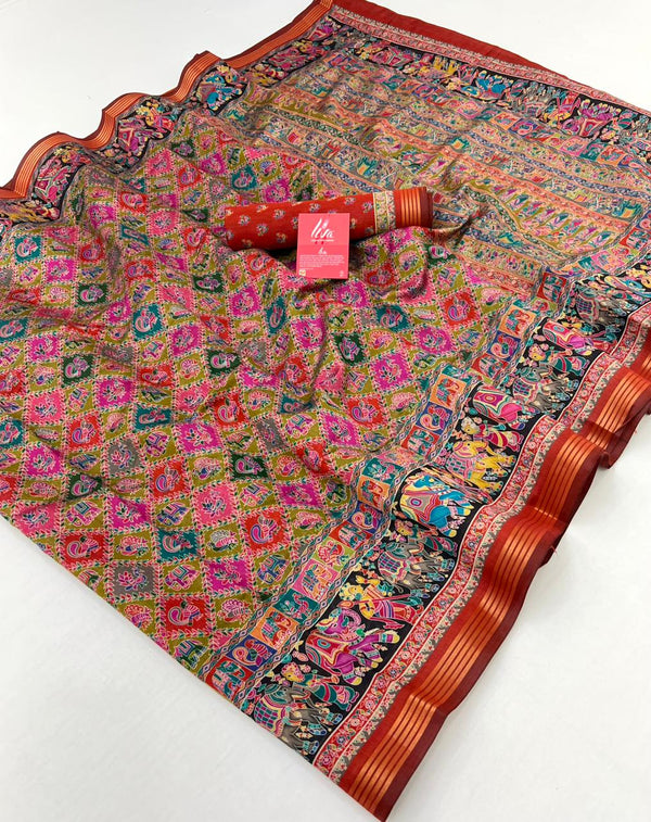 Ajrakh Kalamkari Pure Maslin Silk Saree With Evocative Blouse Piece