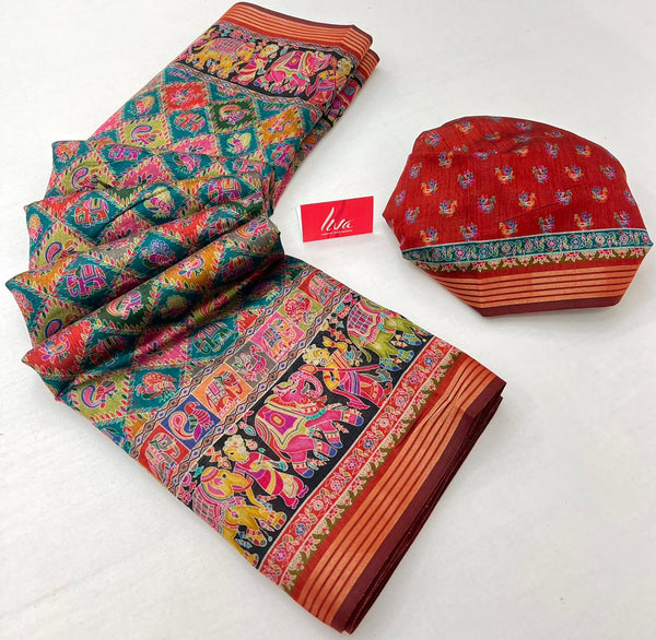 Ajrakh Kalamkari Pure Maslin Silk Saree With Evocative Blouse Piece