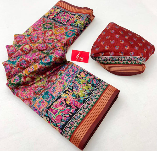 Ajrakh Kalamkari Pure Maslin Silk Saree With Evocative Blouse Piece