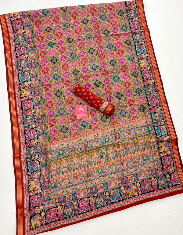 Ajrakh Kalamkari Pure Maslin Silk Saree With Evocative Blouse Piece