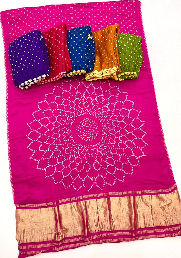 A glam Rose Red Pure Bandhni Zari Pallu Modal Soft Silk Saree With Blouse