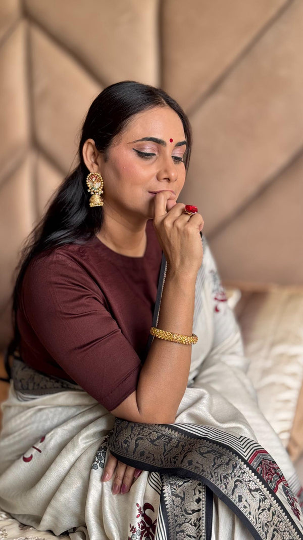 Amazing Black And Cream Ajrakh Kashmiri Modal silk Buta Leriya Saree