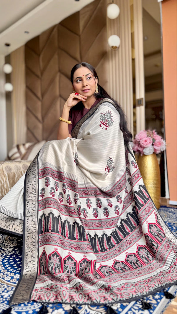Amazing Black And Cream Ajrakh Kashmiri Modal silk Buta Leriya Saree