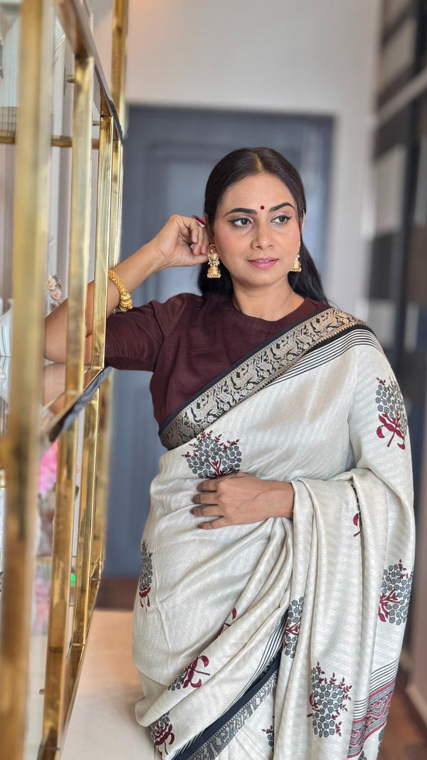 Amazing Black And Cream Ajrakh Kashmiri Modal silk Buta Leriya Saree