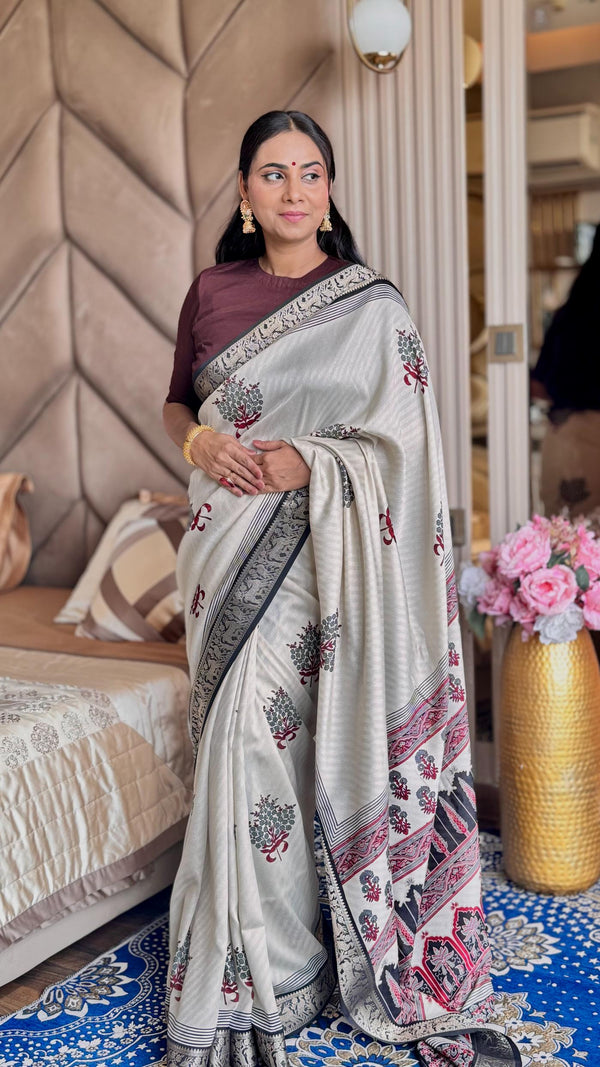 Amazing Black And Cream Ajrakh Kashmiri Modal silk Buta Leriya Saree