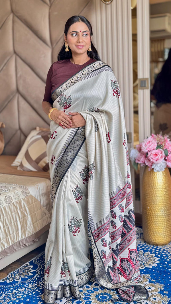 Amazing Black And Cream Ajrakh Kashmiri Modal silk Buta Leriya Saree