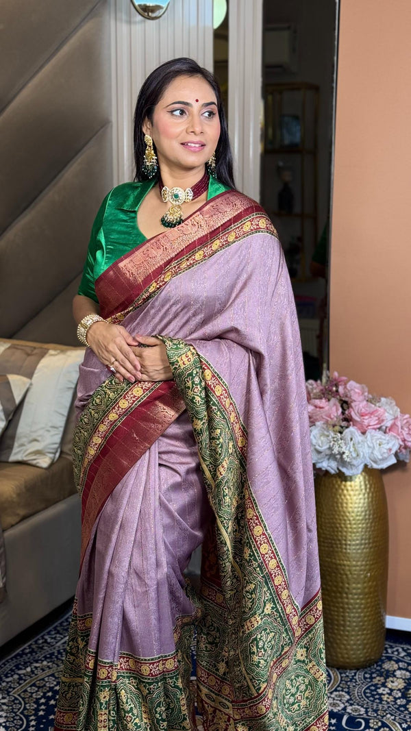Alluring Hot Pink Ajrakh Kashmiri Modal silk Saree