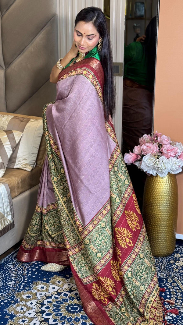 Alluring Hot Pink Ajrakh Kashmiri Modal silk Saree