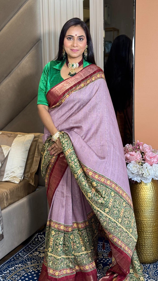 Alluring Hot Pink Ajrakh Kashmiri Modal silk Saree