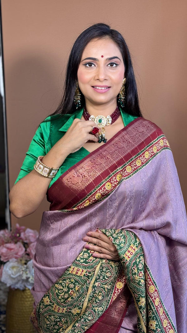 Alluring Hot Pink Ajrakh Kashmiri Modal silk Saree