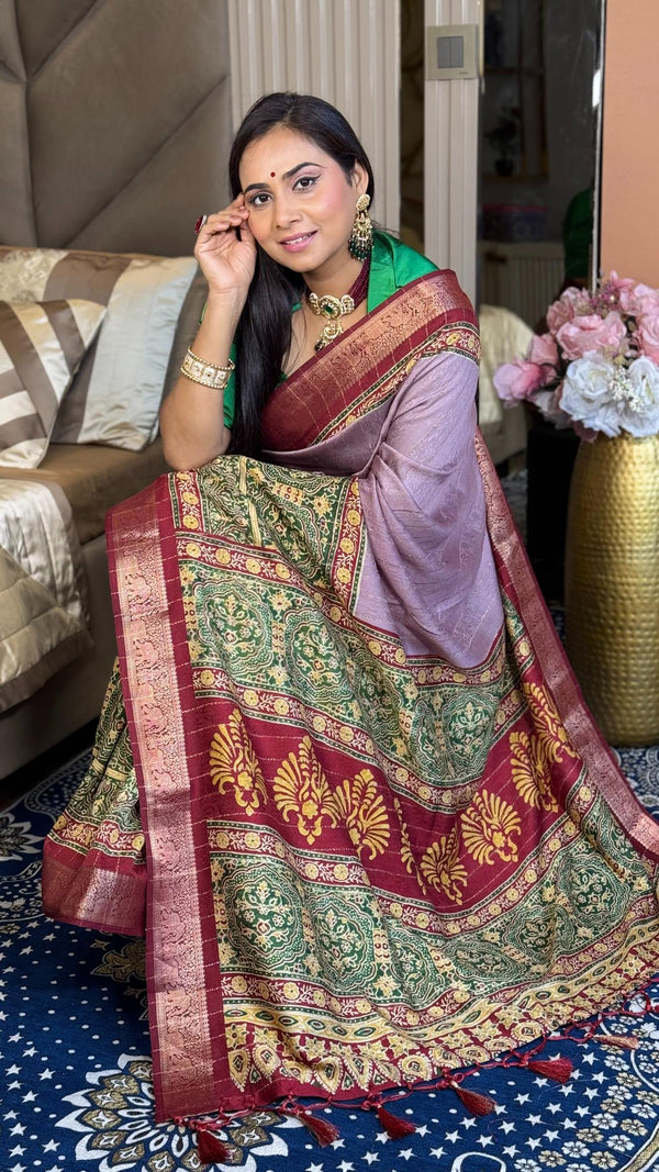 Alluring Hot Pink Ajrakh Kashmiri Modal silk Saree