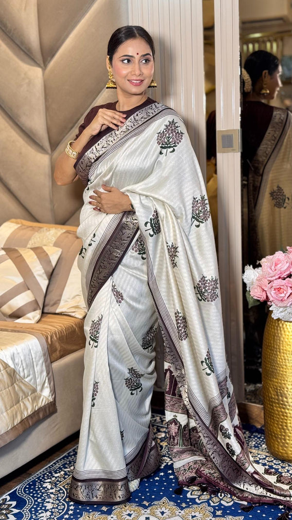 Adorable Wine And Cream Ajrakh Kashmiri Modal silk Buta Leriya Saree
