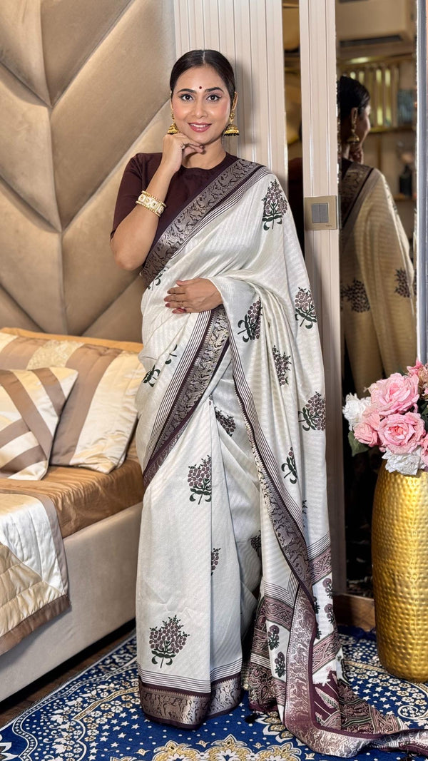 Adorable Wine And Cream Ajrakh Kashmiri Modal silk Buta Leriya Saree