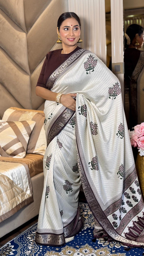 Adorable Wine And Cream Ajrakh Kashmiri Modal silk Buta Leriya Saree