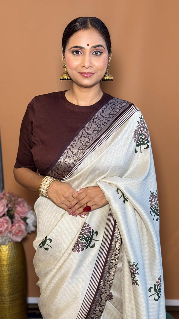 Adorable Wine And Cream Ajrakh Kashmiri Modal silk Buta Leriya Saree