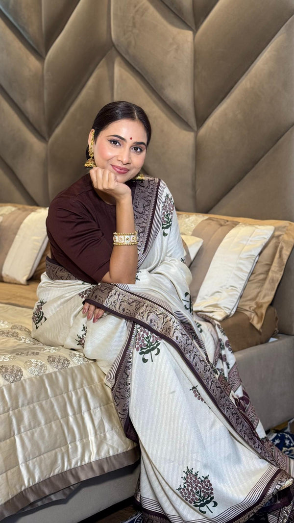 Adorable Wine And Cream Ajrakh Kashmiri Modal silk Buta Leriya Saree