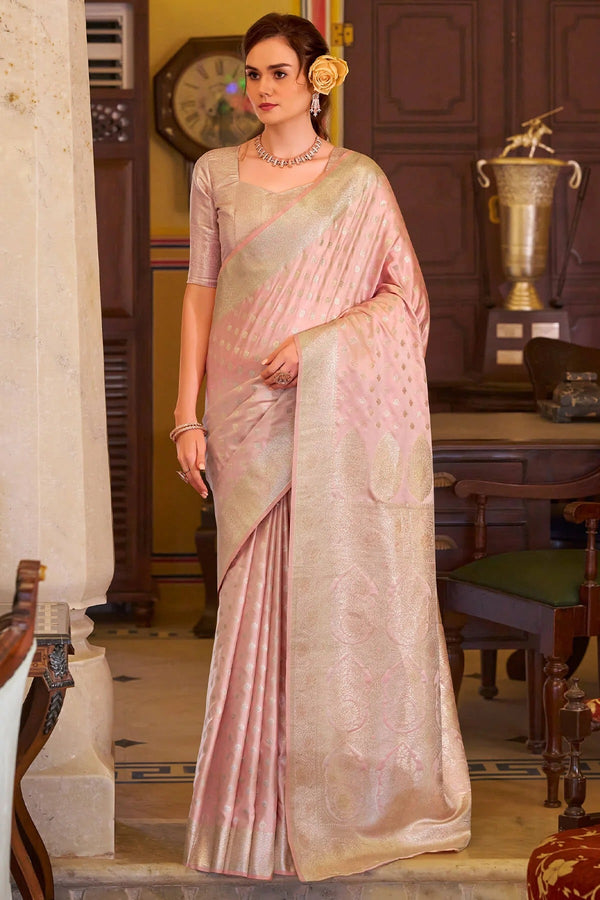 Woebegone Pink Woven Banarasi Satin Soft Silk Saree