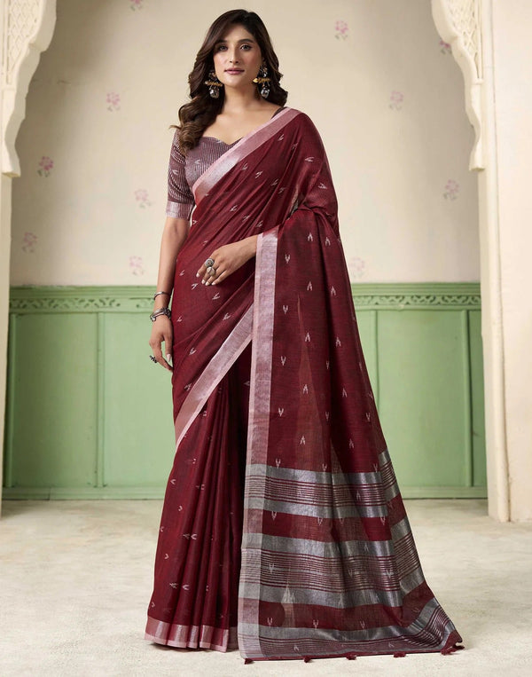 Anemones Maroon Casual Linen Silk Saree