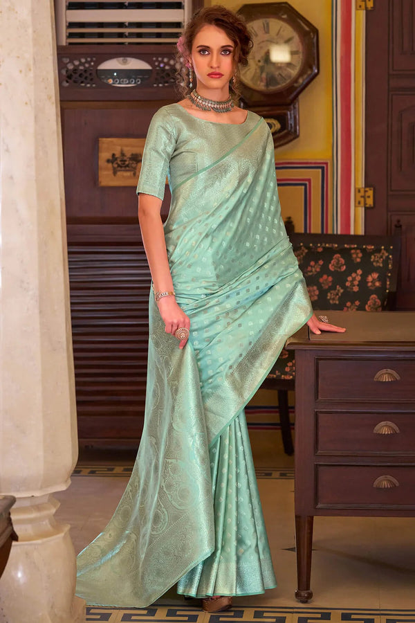 Beauteous Green Woven Banarasi Satin Soft Silk Saree