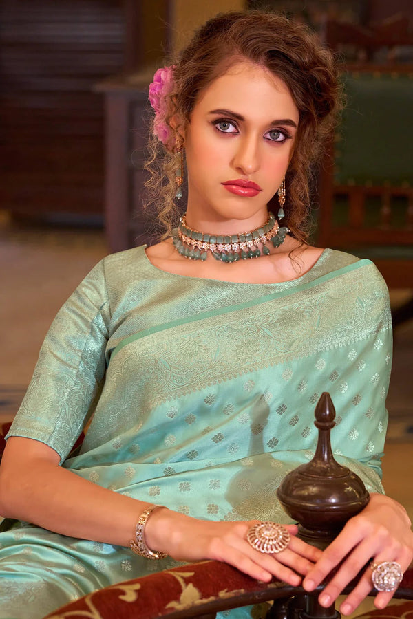 Beauteous Green Woven Banarasi Satin Soft Silk Saree