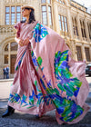 Baby Pink And bluePrinted Satin Crepe Saree