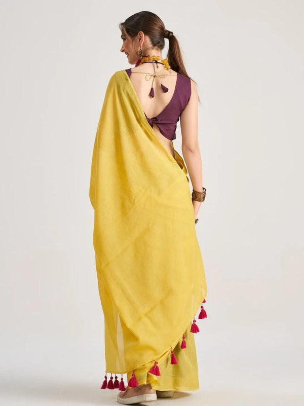 Yellow Mul Mul Cotton Saree With Blouse