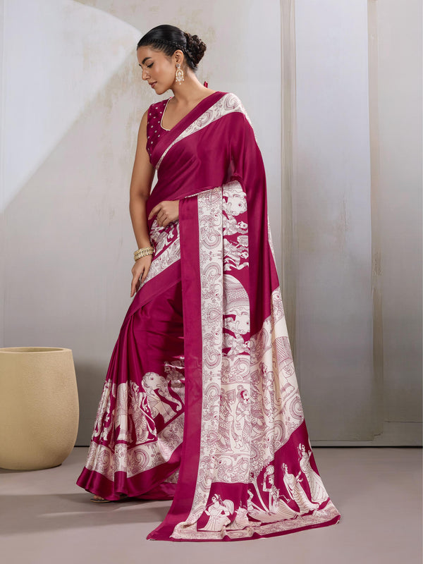 Anemones Maroon Ajrakh Printed Satin Crepe Silk Saree
