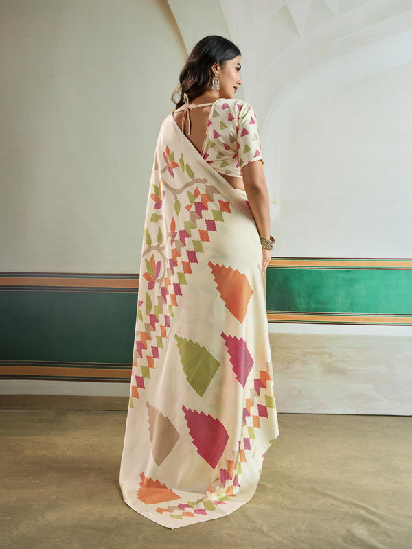 Windstor Cream Modal Ajrakh Printed Satin Silk Saree