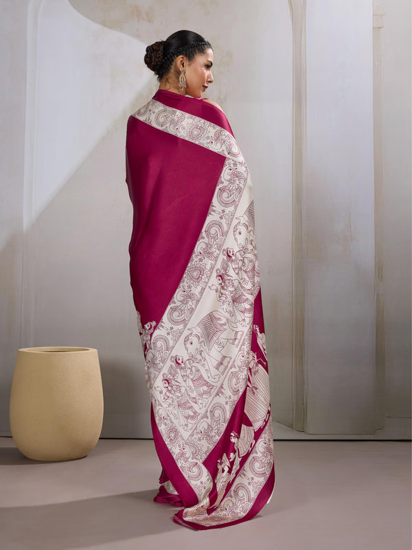 Anemones Maroon Ajrakh Printed Satin Crepe Silk Saree