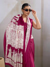 Anemones Maroon Ajrakh Printed Satin Crepe Silk Saree