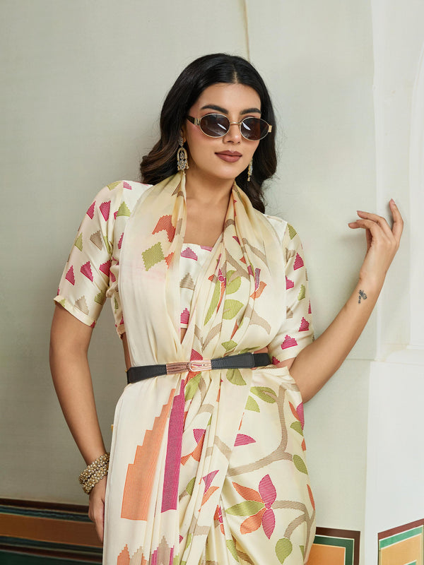 Windstor Cream Modal Ajrakh Printed Satin Silk Saree