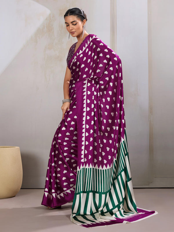 Amethyst Wine Ajrakh Printed Satin Crepe Silk Saree