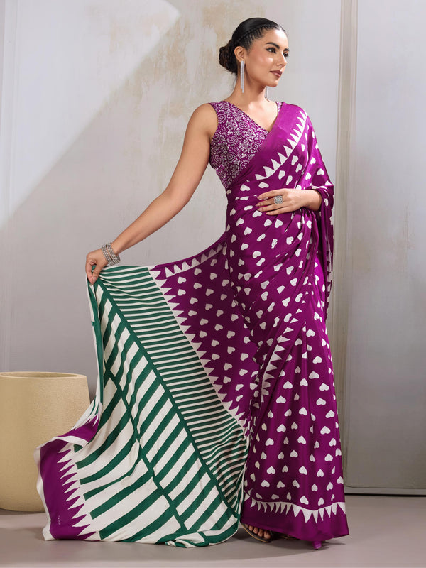 Amethyst Wine Ajrakh Printed Satin Crepe Silk Saree