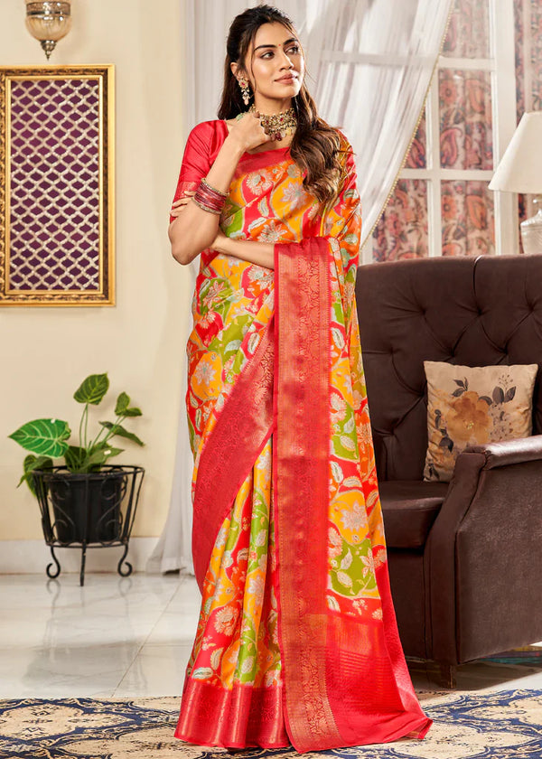 Alluring Red And Yellow Flower Printed Satin Saree