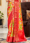 Alluring Red And Yellow Flower Printed Satin Saree
