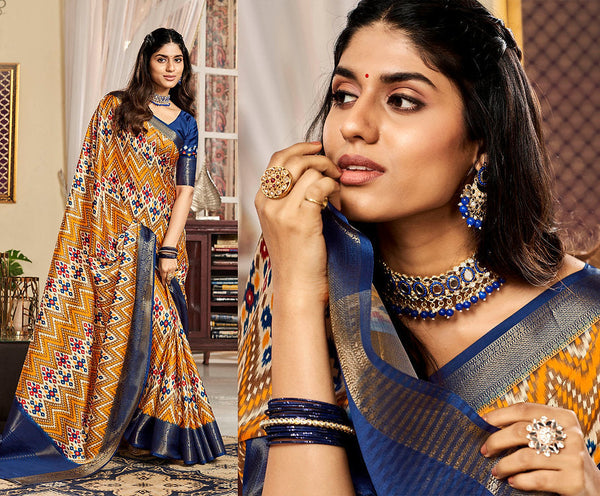 Adoring Blue And Mustard Printed Satin Saree