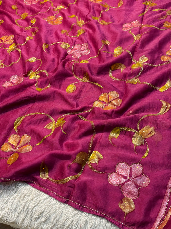 Semi Chiffon Brush Paint Saree with Unstitched Blouse Piece