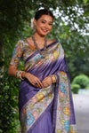 Autumn Purple Tussar Silk Kalamkari Printed Saree With Blouse