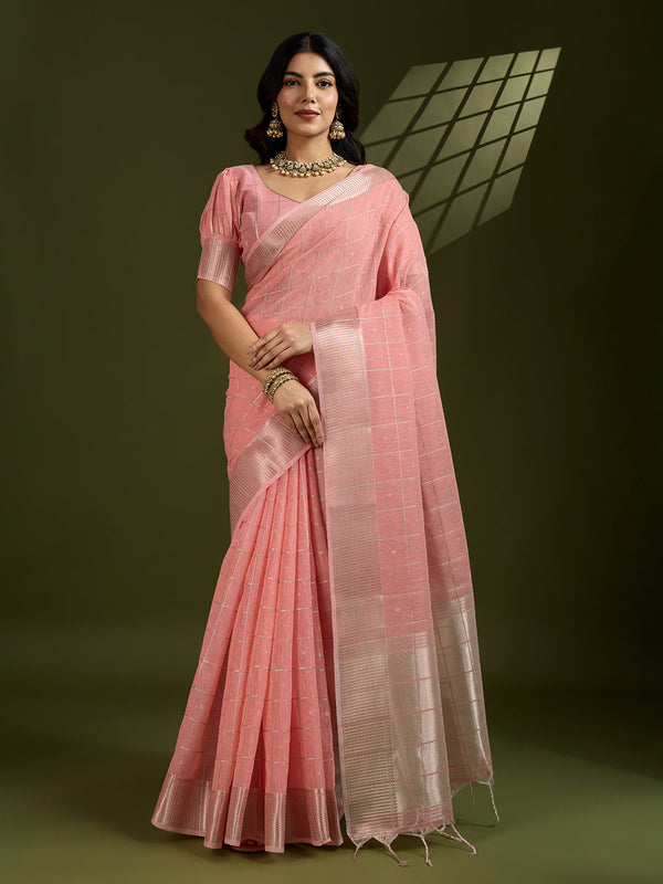 Apricot Peach Linen Tissue Silk Saree
