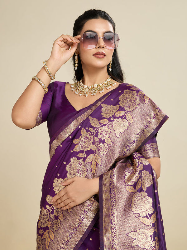 Amethyst Wine Zari Woven Soft Kanjivaram Designer Silk Saree